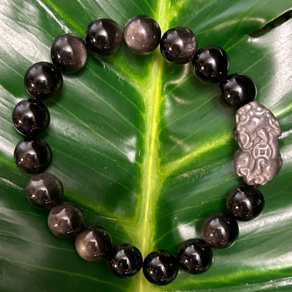 pixiu silver obsidian chunky 10mm elastic beaded bracelet